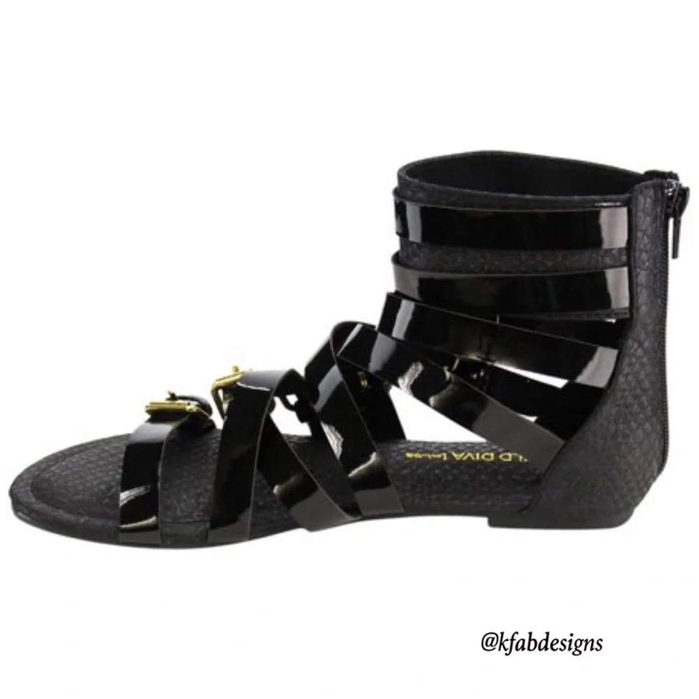 LAST 2! Strappy Black Zipper Textured Gladiator FlatSandal-Gold Tone Buckles - Picture 7 of 8